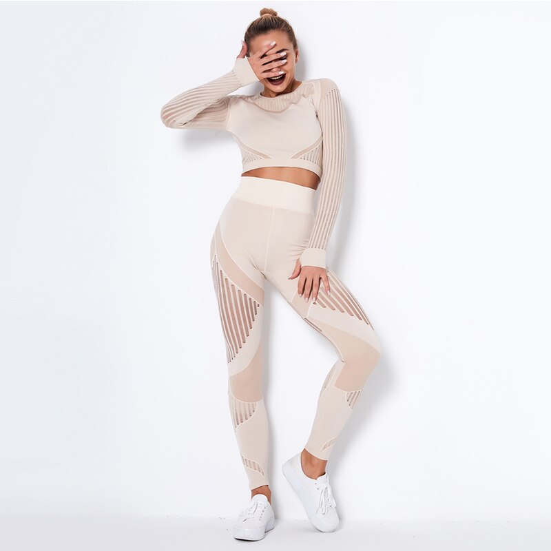 2Pcs Yoga Set Seamless Fitness Crop Top Women Long Sleeve Gym Clothing Push Up High Waist Pants Workout Sportwear Running Suit