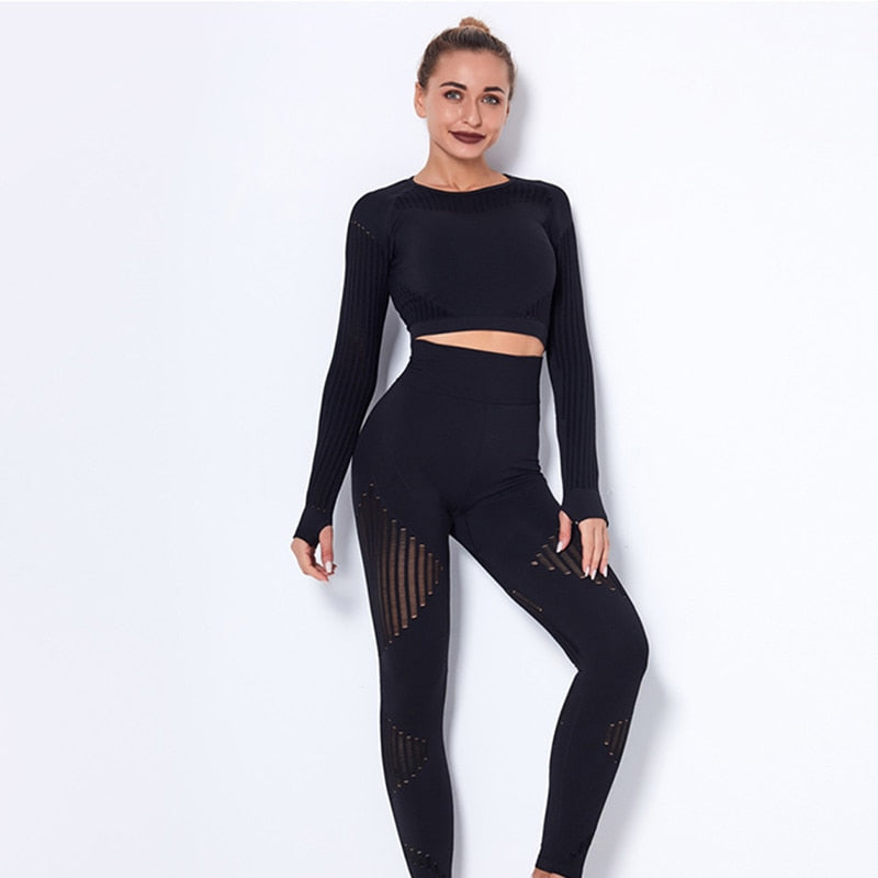 2Pcs Yoga Set Seamless Fitness Crop Top Women Long Sleeve Gym Clothing Push Up High Waist Pants Workout Sportwear Running Suit