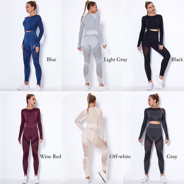 2Pcs Yoga Set Seamless Fitness Crop Top Women Long Sleeve Gym Clothing Push Up High Waist Pants Workout Sportwear Running Suit