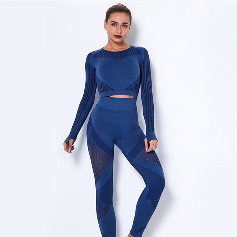 2Pcs Yoga Set Seamless Fitness Crop Top Women Long Sleeve Gym Clothing Push Up High Waist Pants Workout Sportwear Running Suit