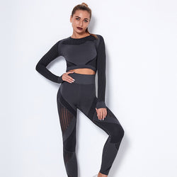 2Pcs Yoga Set Seamless Fitness Crop Top Women Long Sleeve Gym Clothing Push Up High Waist Pants Workout Sportwear Running Suit