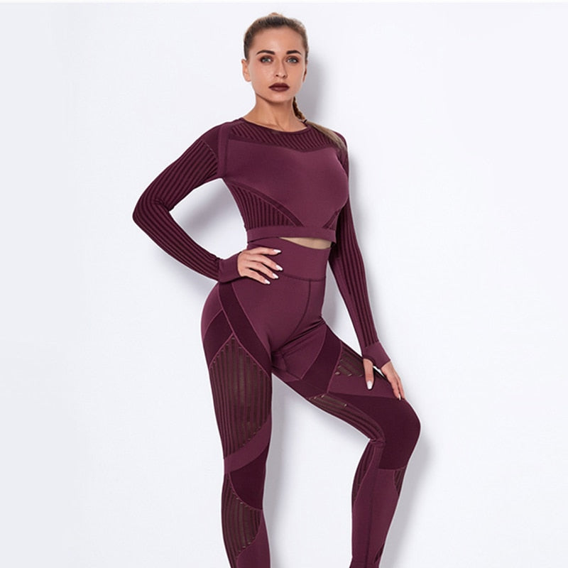 2Pcs Yoga Set Seamless Fitness Crop Top Women Long Sleeve Gym Clothing Push Up High Waist Pants Workout Sportwear Running Suit